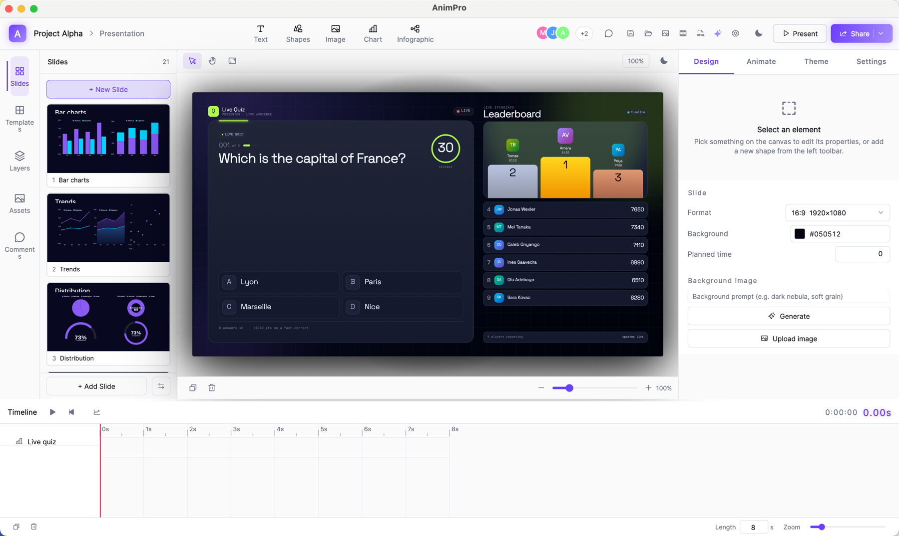Tchaku present mode showing a live quiz on the left and a leaderboard on the right